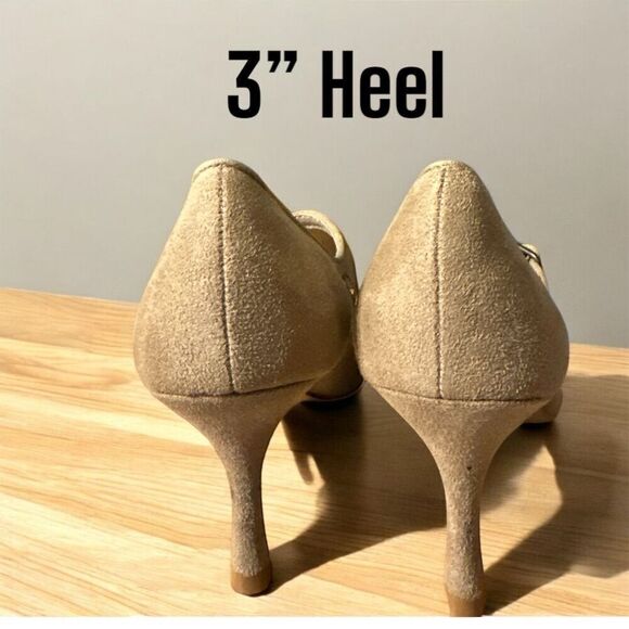 Predictions Women's New Tan Faux Suede Vegan Pointed Toe Retro Cutout Heels - Picture 7 of 9
